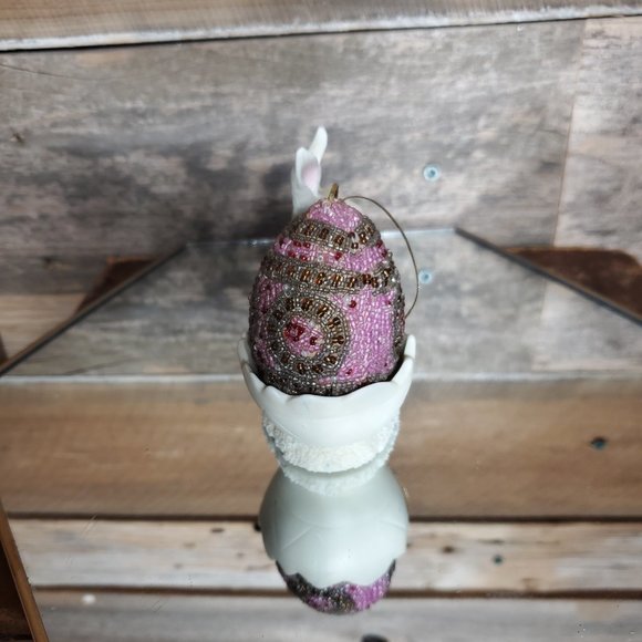 Porcelain Bisque Easter Bunny Egg cup with Beaded Egg Ornament - Picture 2 of 7